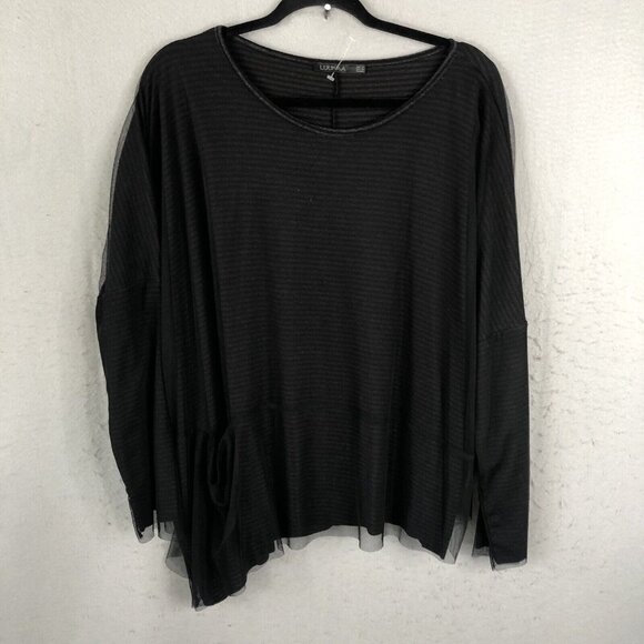 Luukaa Top Women 14 Black Stripe Mesh T Lagenlook Layered Whimsigoth Drapey - Picture 1 of 15